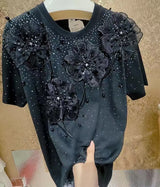 Luxury Beading Flowers Sequined Cotton T-shirt for Women New Trend 2025 Summer O Neck Short Sleeve Black Tops Tees T Shirt Femme