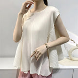 Pleated T-Shirt Summer New Simple Fashion Irregular Sleeveless Loose Casual Round Neck Women's Lightweight Stretch Top