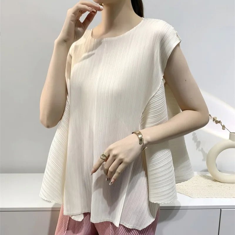 Pleated T-Shirt Summer New Simple Fashion Irregular Sleeveless Loose Casual Round Neck Women's Lightweight Stretch Top