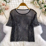 SHENGPALAE 2026 New Autumn Fashion Women Clothing Round Neck Short Sleeves Mesh Hollow Out Pullover T-shirt