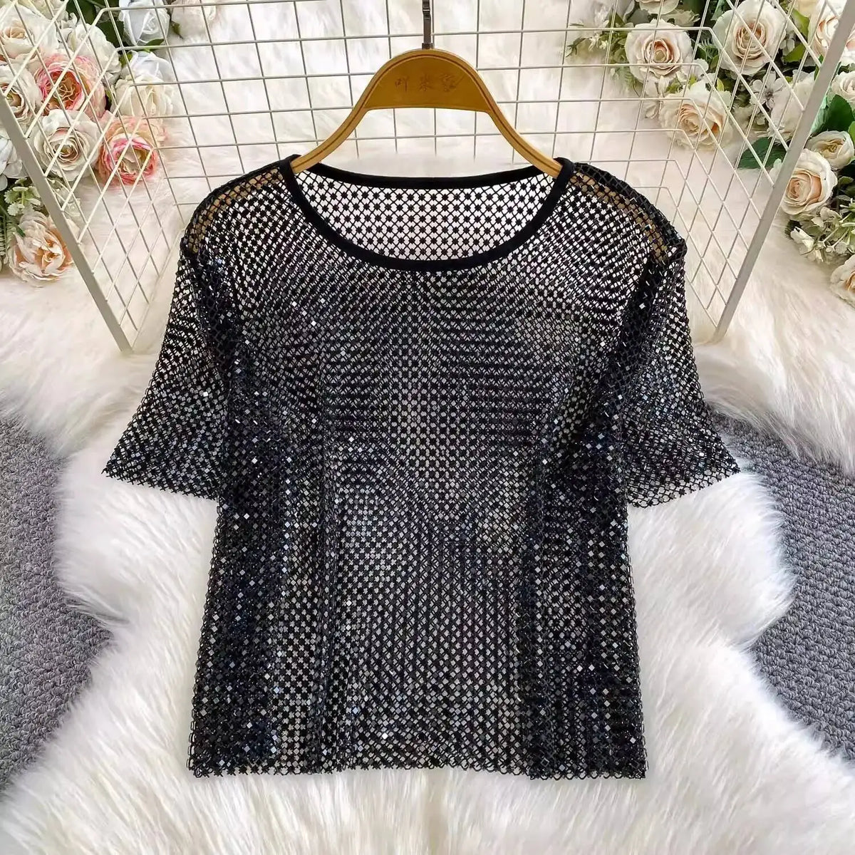 SHENGPALAE 2026 New Autumn Fashion Women Clothing Round Neck Short Sleeves Mesh Hollow Out Pullover T-shirt