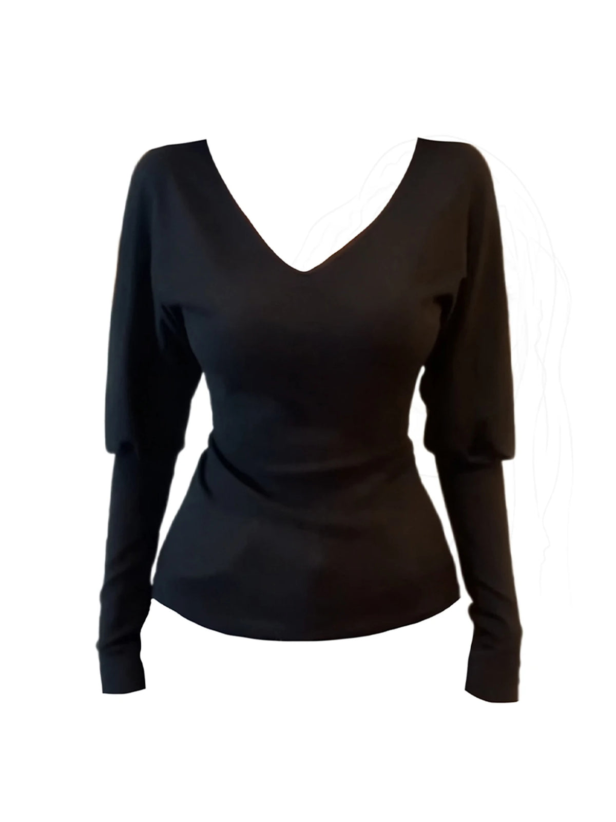 Women Black Gothic Emo V-Neck T-shirt Y2k Gyaru Tee Top 2000s Aesthetic Vintage Long Sleeve Knit T-shirts Clothes Spring Autumn