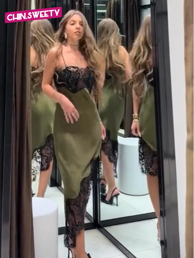 Chic Lace Patchwork Satin Camisole Dress Sleeveless See Through Irregular Hem Dresses 2026 New Party Daily Outdoor Casual Attire
