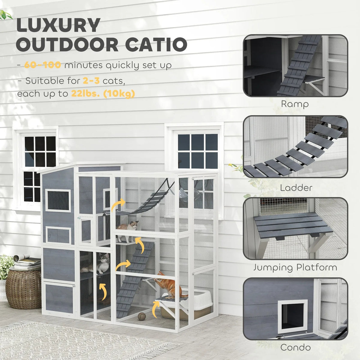 Large Catio Outdoor Cat Enclosure for 2-3 Cats 76" x 36" x 68" Gray