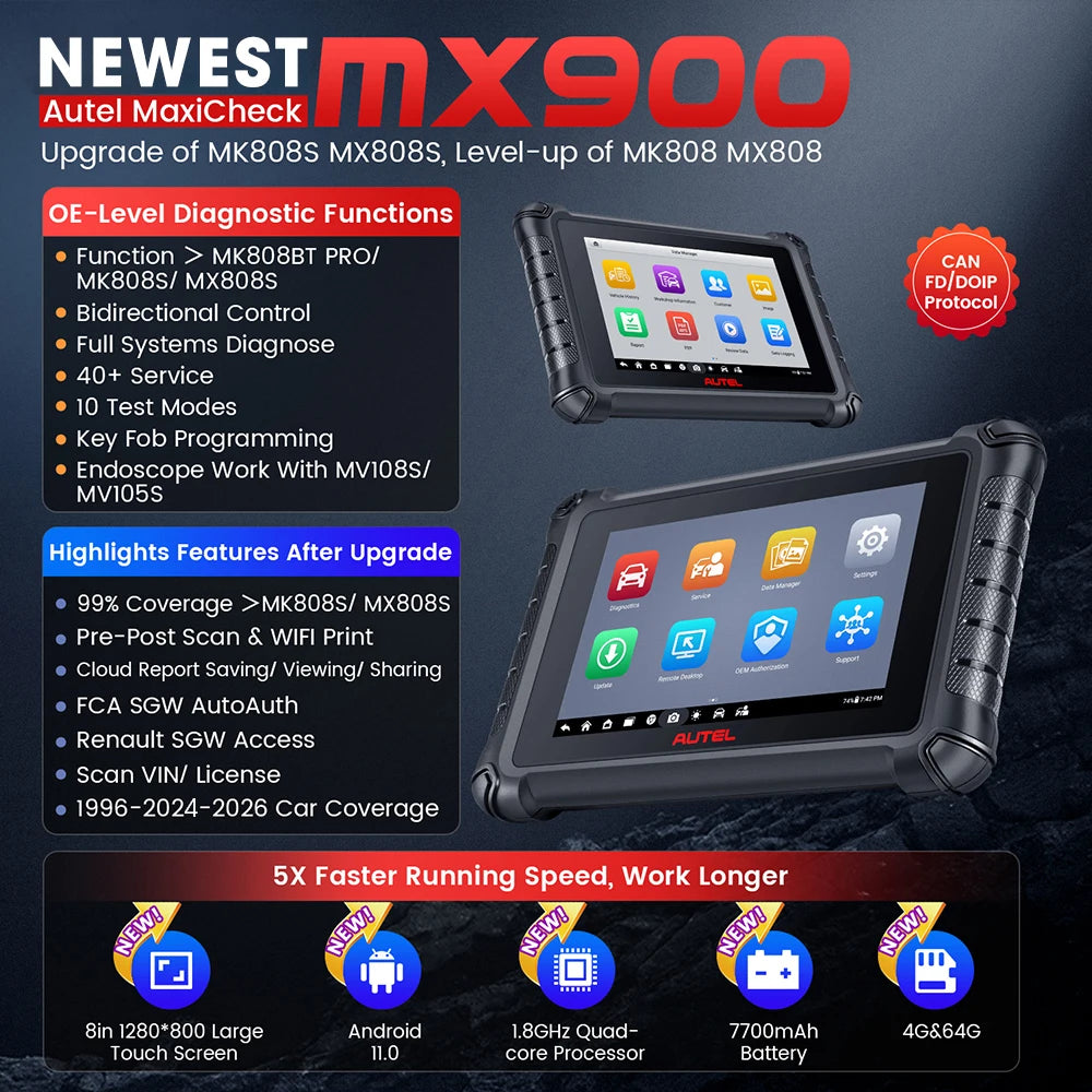 Autel MaxiCheck MX900 MK900 Diagnostic Tool Automotive OBD2 Scanner 8Inch OBD 2 Code Reader DoIP/CAN FD Same as MK900 Scanner