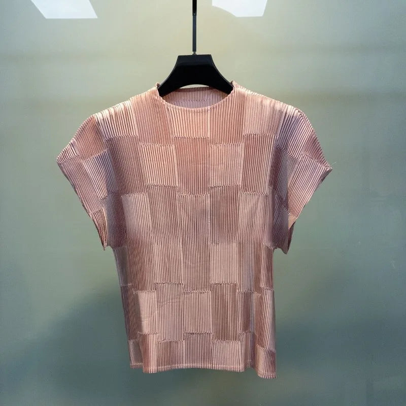 Pleated Short Sleeve T-Shirt 2026 Summer New French Style Glossy Satin Fashion Simple Elegant Casual Top Women's Clothing
