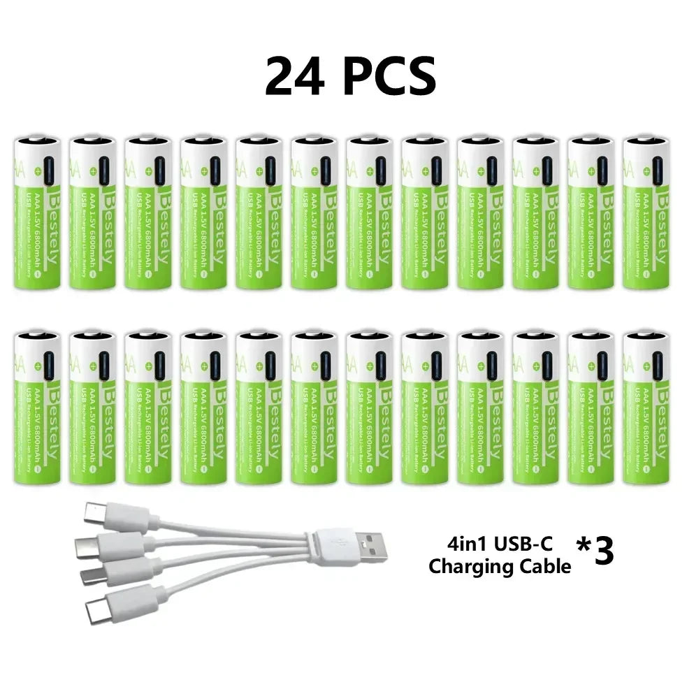 2025 Pro 1.5V AAA 6800mAh Rechargeable Battery, Type-C Fast Charging Li-ion Batteries, 2000 Cycles LED Indicator with Free Cable
