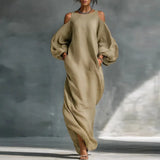 Bohemian Woman Dresses Vacation Sexy Cold Shoulder Lantern Long Sleeve Maxi Dress 2026 Spring Casual O Neck Solid Pullover Dress
