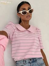 Clacive Summer Loose Stripe Print Women's T-Shirt 2026 Fashion Lapel Short Sleeve T Shirts Elegant Classic Top Female Clothing