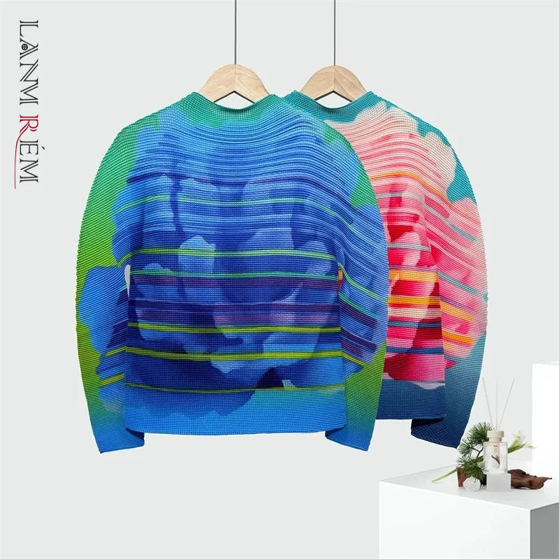 LANMREM High-End Chinese Style Printting Women's Stand Collar T-shirt Unique Design 2026 New Long Sleeve Pullover Tops 2DB6351