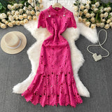 Ele Hollow out Lace Stand Collar Dr Women's Summer Faionable Fi Tail Gown Svel High Waist A-Line Skirt