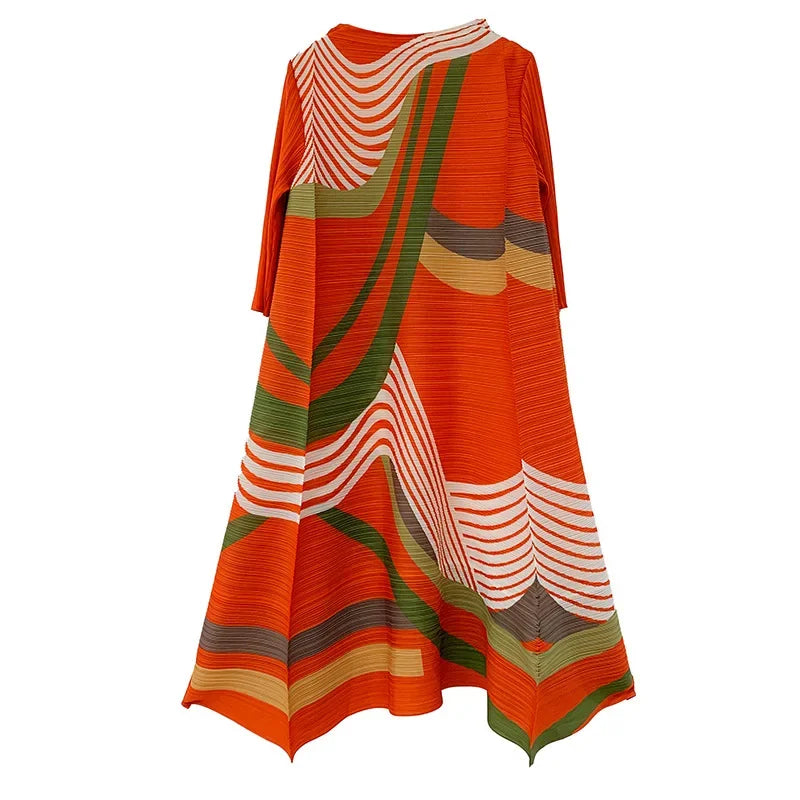 ANLAN Miyake Pleated Dress 2024 Summer New O-Neck Long Sleeved Printed Fashion Evening Dresses Elegant Women's Clothing 9AK2075