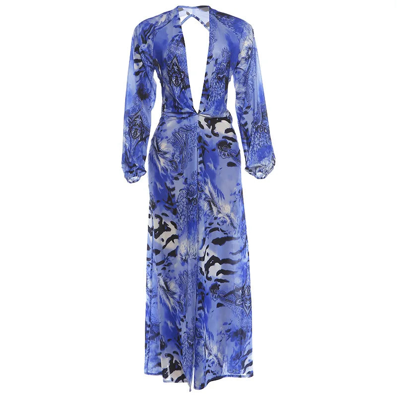 Woman Tiger Stripe Print Deep V-neck Dress Sexy Backless Long Sleeve Dresses 2026 Summer Vacation Beach Party Elegant Vestidos