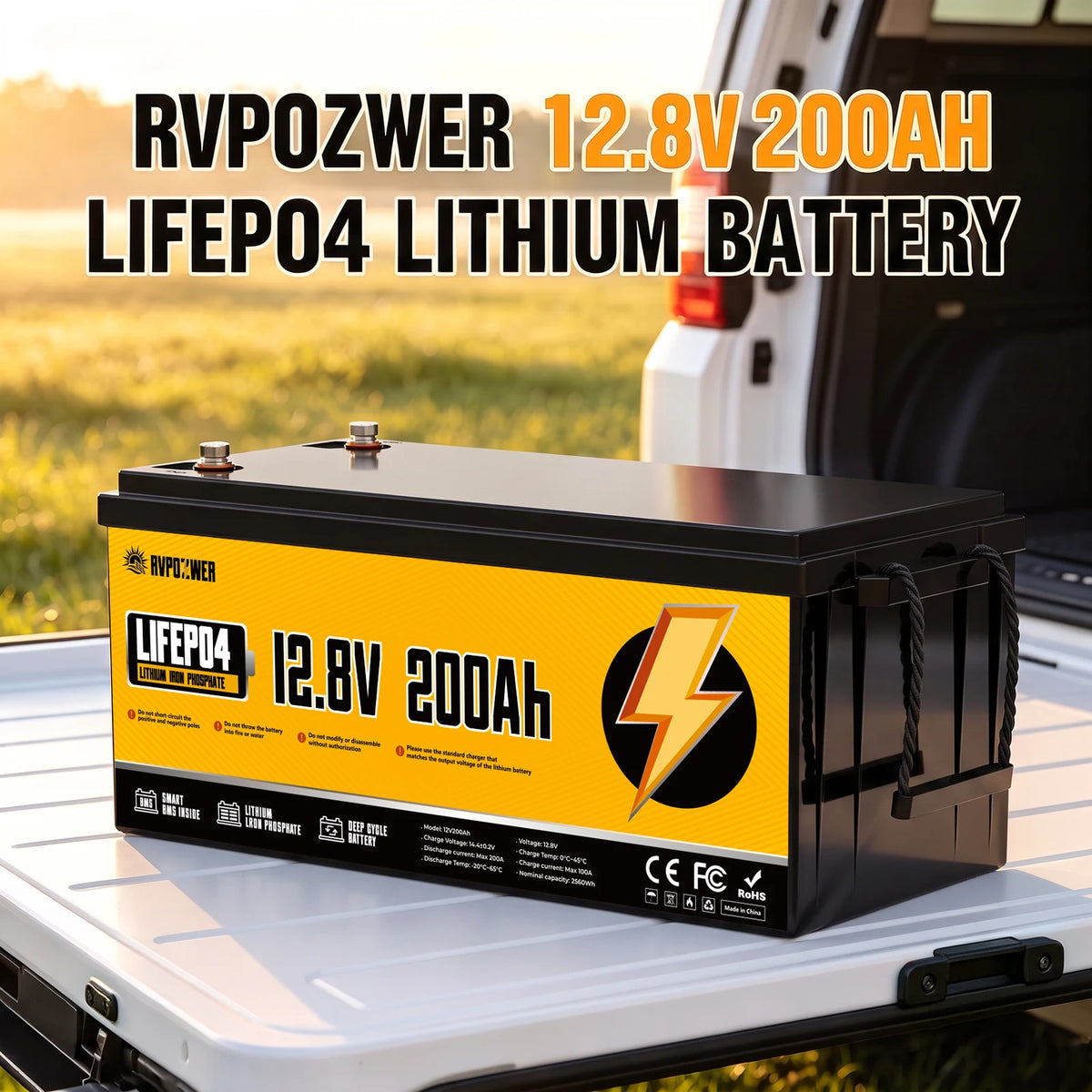 RVPOZWER LiFePO4 Lithium Iron Phosphate Energy Storage Battery, Built-in 200A Smart BMS Protection, 15000+ Deep Cycle Lifespan, Low Self-Discharge Rechargeable Battery for Marine, RV, Off-Grid Solar Applications, 12V 200Ah 2560Wh