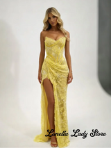Yellow Sexy Lace Corset Strapless Maxi Gown With High Slit For Women Shiny Sleeveless Waist-cinching Dresses 2026 Party Gowns