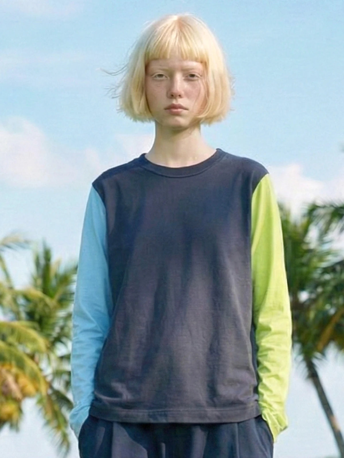 Trendy Color Block Raglan Sleeve T-Shirt Women Navy Blue Neon Green Casual Long Sleeve Crew Neck Top 265405