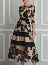 Women Elegant Mesh Midi Formal Dress, Off‑Shoulder 3/4 Sleeve Flocked Floral Stripe Waist‑Cinching Party Dress 2026 European Ame