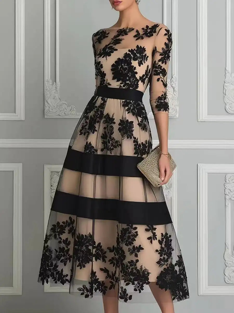 Women Elegant Mesh Midi Formal Dress, Off‑Shoulder 3/4 Sleeve Flocked Floral Stripe Waist‑Cinching Party Dress 2026 European Ame