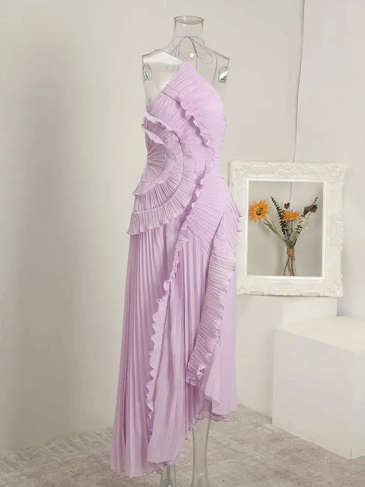 GVUW Fashion Folds Irregular Dress Women's Halterneck Sleeveless Tierred Casual Dresses 2025 Summer New Tide 3QW1045