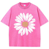 Simple Beautiful Sunflower Prints Washed T-Shirts Women Cottont Shirts O-Neck Oversized Acid Wash Tops Vintage Woman Streetwear