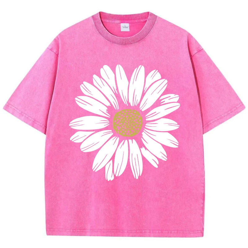 Simple Beautiful Sunflower Prints Washed T-Shirts Women Cottont Shirts O-Neck Oversized Acid Wash Tops Vintage Woman Streetwear