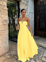 Blue Pleated Halter Long Dress Women's Solid Sleeveless Backless Lace-up Maxi Dress Summer Beach Vacation Evening Party Vestidos