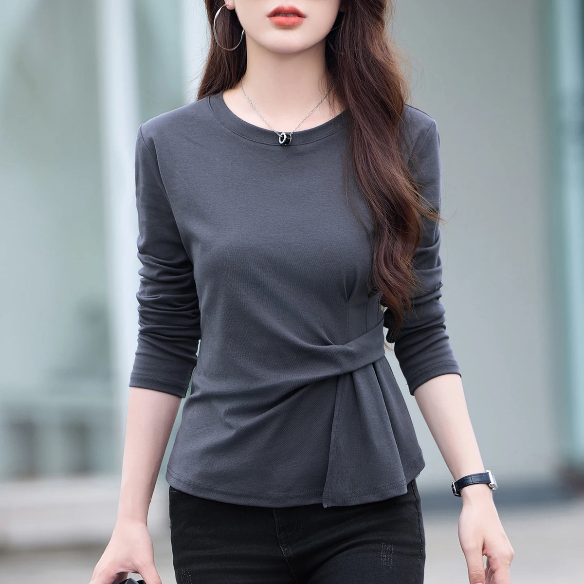 Korean Coffee Long Sleeved T-Shirt for Women's Autumn New High-End Cotton Fashion Plus Size Round Neck Loose Casual Top