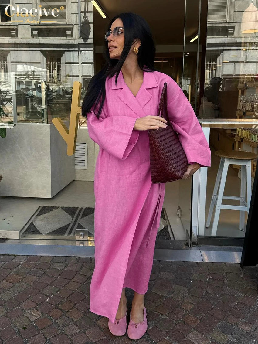Clacive Casual Loose Pink Cotton Dress Ladies Fashion Lapel Long Sleeve Ankle Length Dress Elegant Lace-Up Dresses For Women