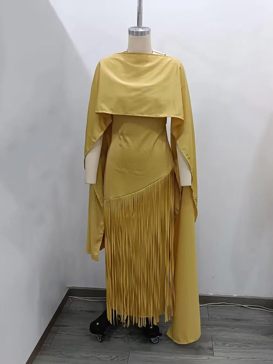 TWOTWINSTYLE Solid Spliced Tassels Temperament Dress for Women Strapless Sleeveless Patchwork Shawl Elegant Dresses Female New