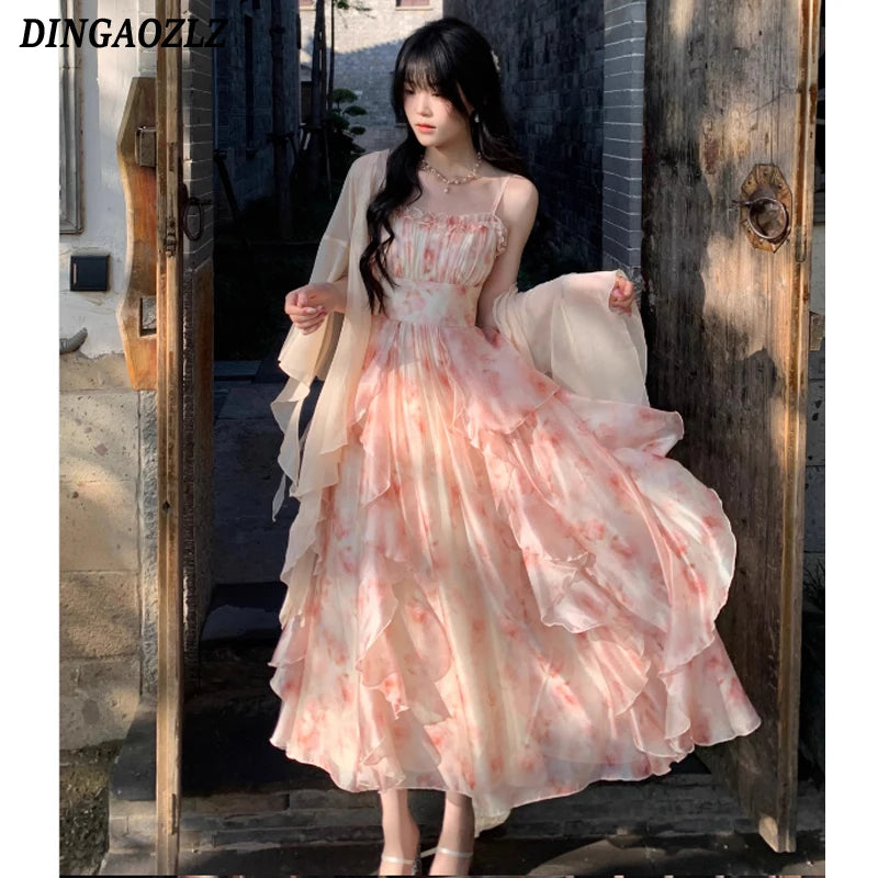 2025 Summer New Floral Printed Suspenders Dress Slim Women Holiday Beach Dress Korean Sleeveless Long Camisole Chiffon Dress