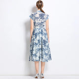 Summer 2025 New Collar Printed Short Sleeve Dress with Belt High Waist Fairy Skirt Style Cleanfit Neutral Citywalk Dress