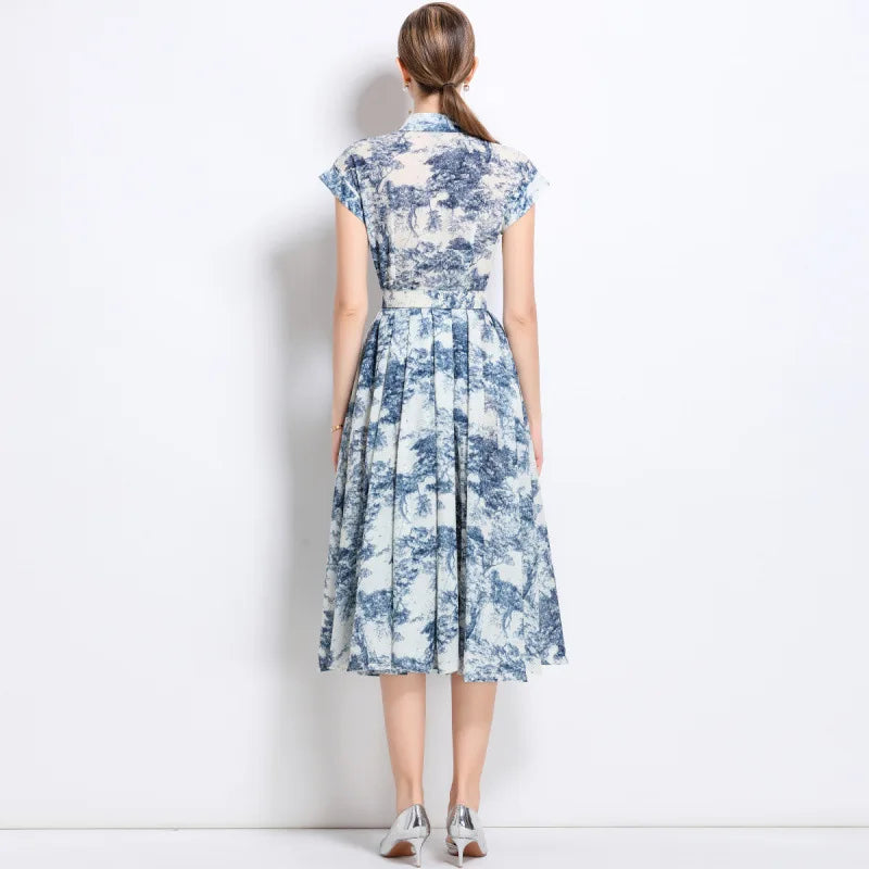 Summer 2025 New Collar Printed Short Sleeve Dress with Belt High Waist Fairy Skirt Style Cleanfit Neutral Citywalk Dress
