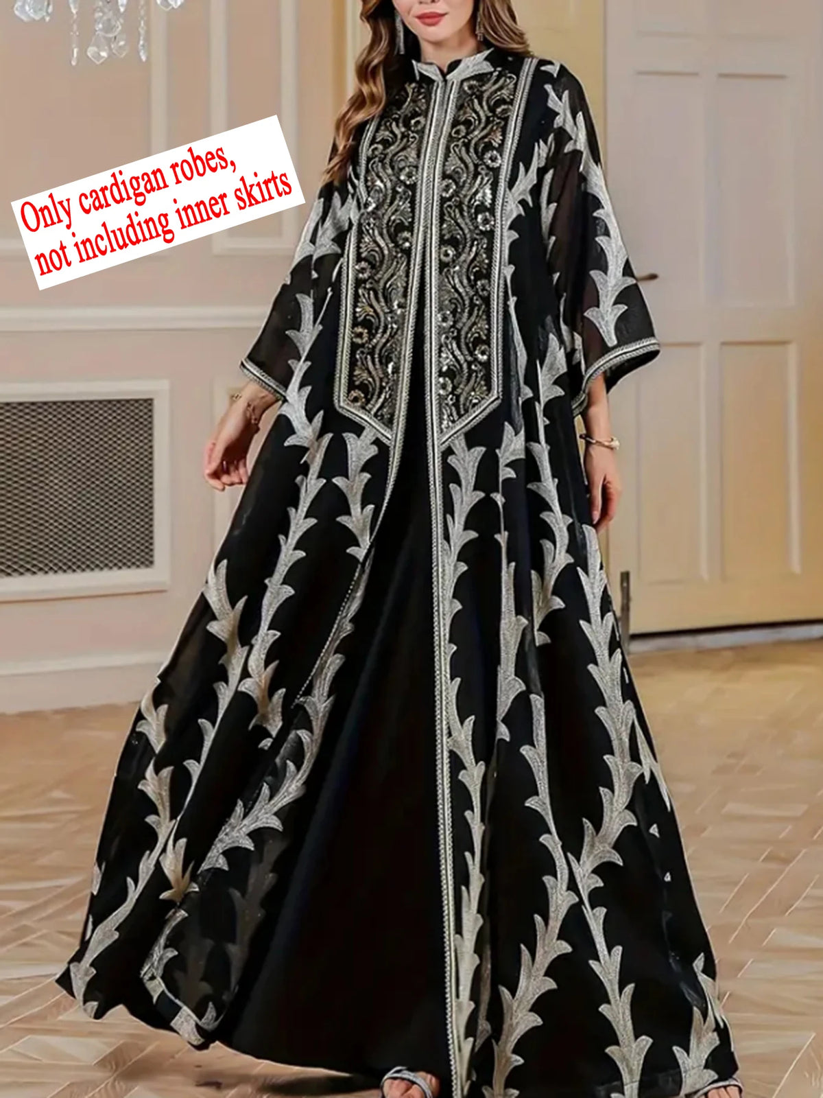 Middle East Women's Beaded Embroidery Long Robe Muslim Open Front Mesh Cover up Dubai Saudi Traditional Long Sleeve Dress