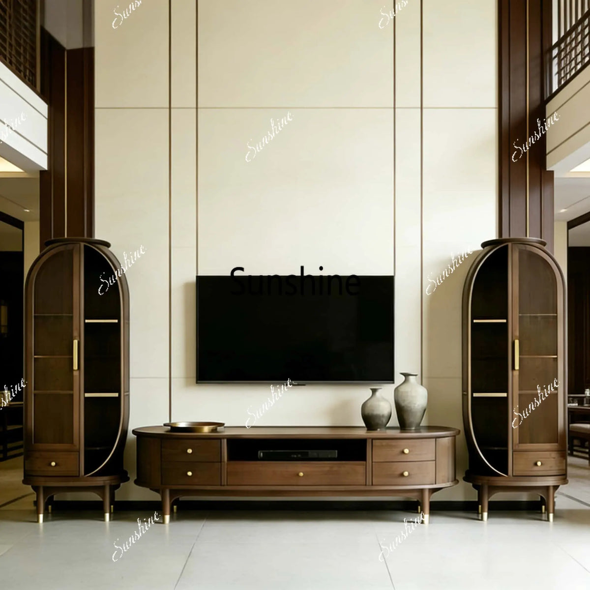 New Chinese medieval, solid wood, TV cabinet combination villa hotel large apartment customization