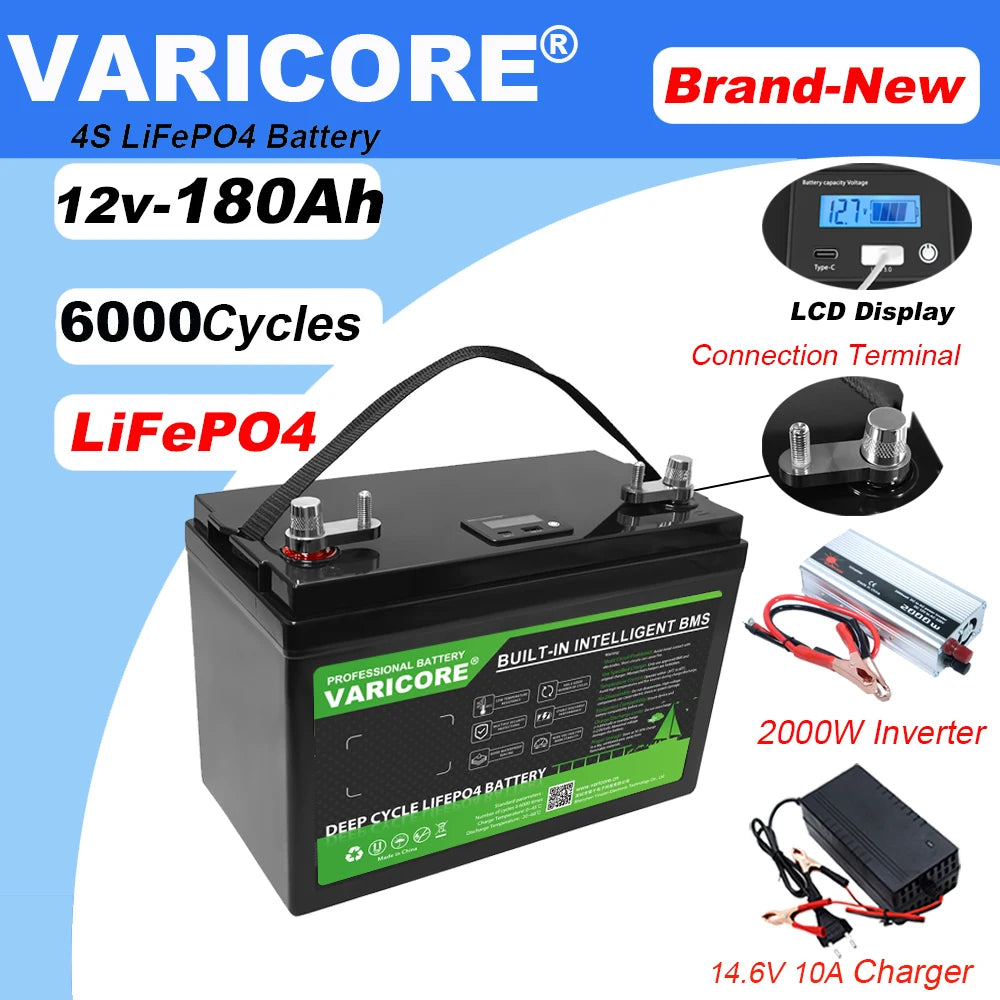 12V 120ah 160Ah 180ah LiFePO4 Battery Outdoors Touring Car Multifunctional USB3.0 Output for Travel Solar Panels 14.6v Charger