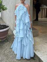 TWOTWINSTYLE Solid Spliced Ruffles Elegant Dresses For Women Halter Sleeveless High Wasit Backless Loose Dress Female Fashion