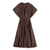 HH Women's Summer Fashion V-neck Lace-up Midi Short Sleeve Dress Female Elegant Backless Pleated Sexy Waist Long Dress