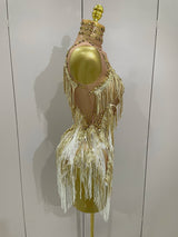 Stock 2025 Women Sexy Stretch Mesh Sparkly Rhinestone Tassels Mini Dress Nightclub Singer Dance Stage Costume Evening Gowns
