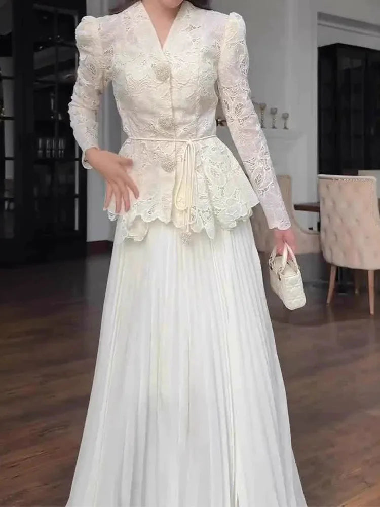 Elegant High Waist Ruffles Banquet Dress Fashion Long Sleeve Women's Party Dresses Sexy White Lace Embroidery Slim Evening Dress