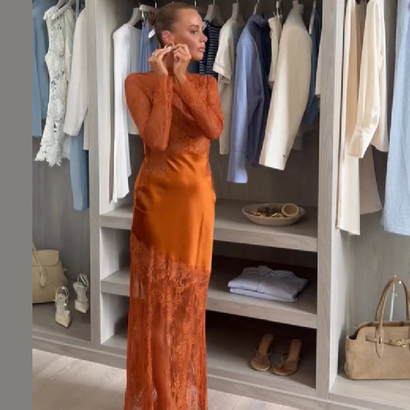 Fashion Women Maxi Dress Sexy Stand Collar Long Sleeve Hollow Out Lace Patchwork Satin Dresses New Wedding Guest Party Long Gown