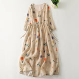Women's Fresh Style Dress Flower Print Elastic Waist Half Sleeve V-neck Linen Dress Female Beach Holiday A-line Vintage Frocks