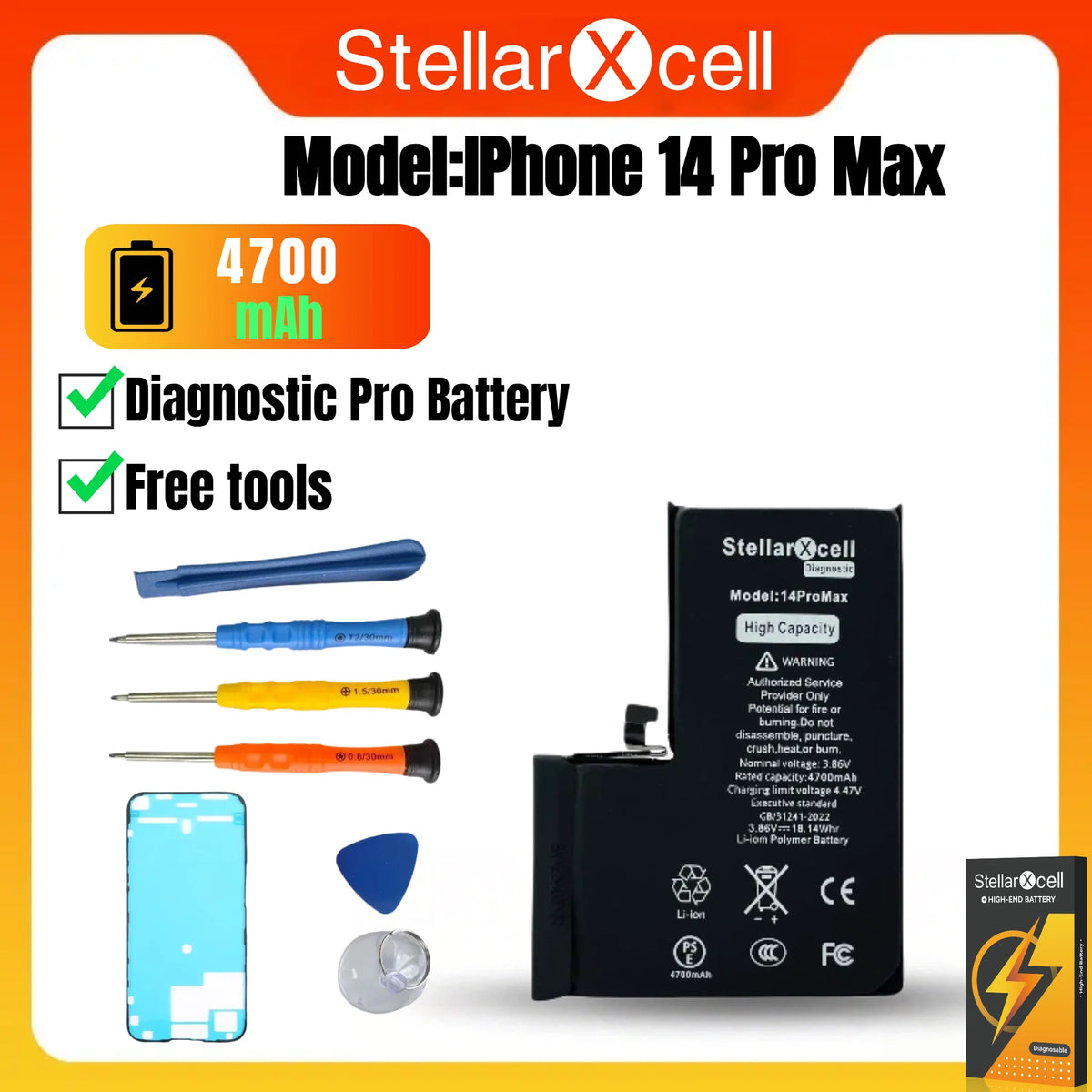 StellarXcell Diagnostic Battery No Unknown Parts No Pop Up Message for iPhone 12mini 13Pro Max 14Plus 15Pro Max With Free Tools