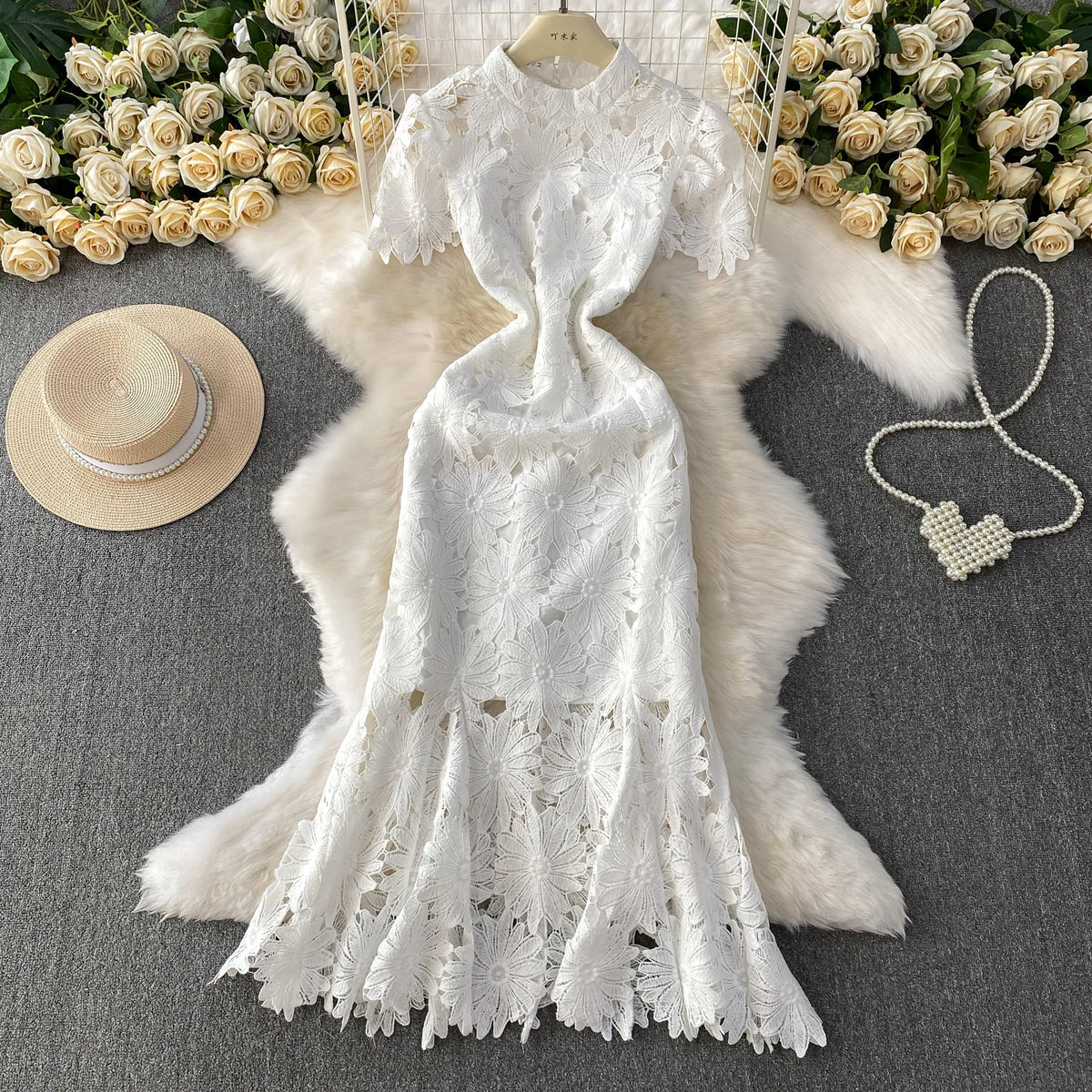 Ele Hollow out Lace Stand Collar Dr Women's Summer Faionable Fi Tail Gown Svel High Waist A-Line Skirt
