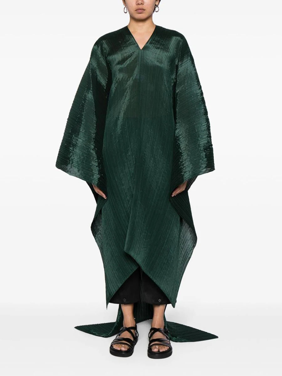 Miyake Pleated Women's Medium Length V-neck Drooping Blouse Dress