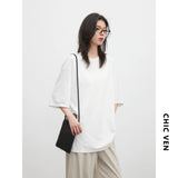 CHIC VEN New Women T-shirt Solid Casual Loose Short Sleeve Tops Back Collar Split Design Cool Female Tees Pullover Summer 2026