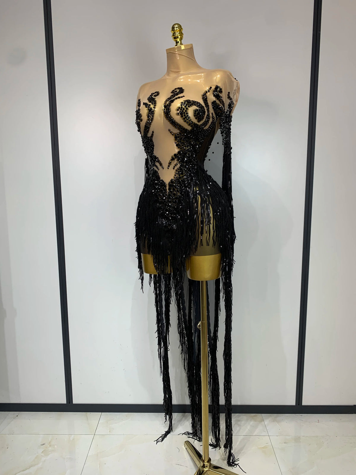 Sexy Sparkly Rhinestone Sequins Tassel Mesh Transparent Dress Women Evening Birthday Party Nightclub Dance Singer Stage Outfit