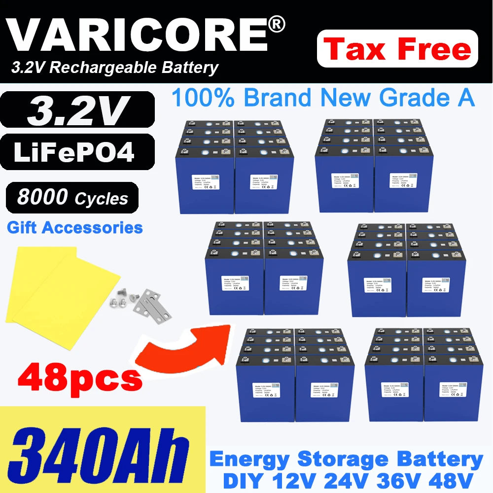 Grade A 3.2V 360AH 340Ah Battery LiFePO4 Lithium Iron Phospha for 12V 24V 4S E-scooter RV Solar Energy Storage System Duty-free
