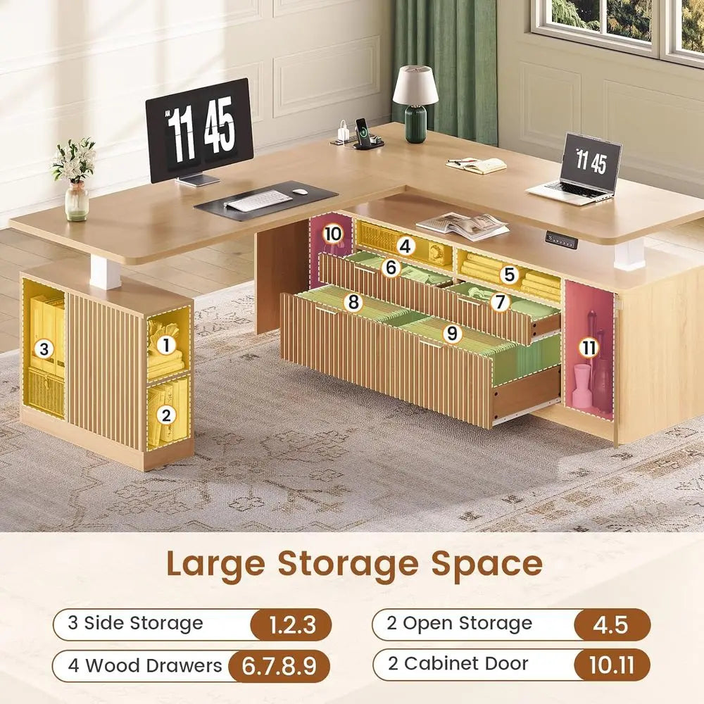 69 x 55 L-Shaped Electric Desk with 4 Drawers, Storage & Power Outlet, Oak Finish for Home Office