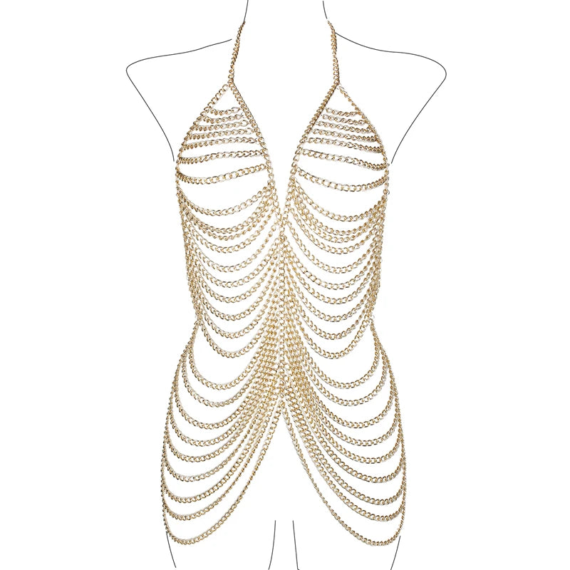 Women's Chainmail Halter Mini Dress Backless Metal Body Chain Beach Clubwear Sexy Festival Party Outfit Multi-Layered Vestidos