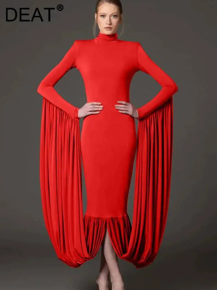 DEAT Early Autumn Stand Collar Full Sleeves High End Party Dress ,hot Sales Slim Elastic Vacation Clothing